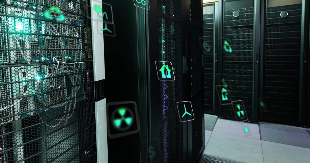 Eco Icons Overlay on Data Server Room Representing Green Technology