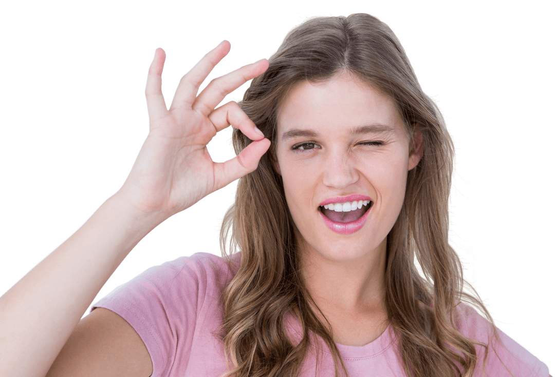 Smiling Woman Making Ok Gesture with Wink on Transparent Background