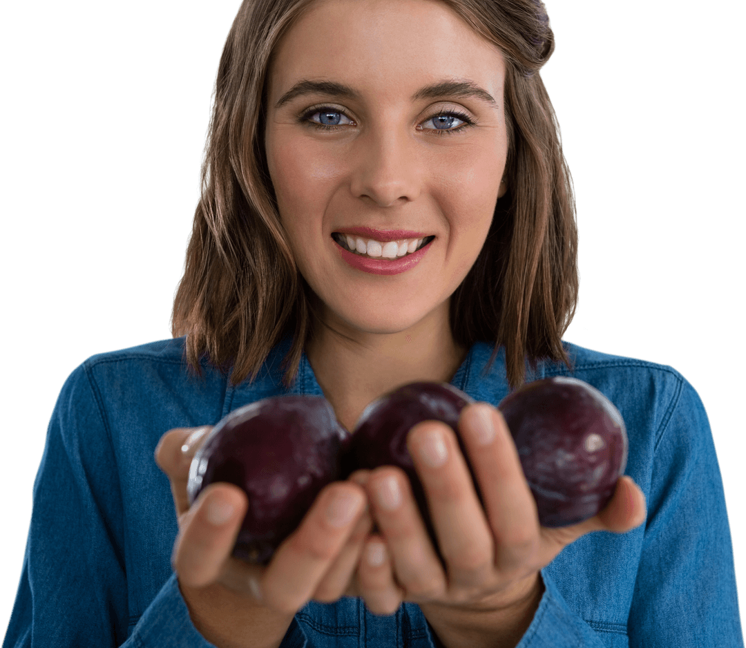 Smiling Woman Holding Fresh Plums on Transparent Background