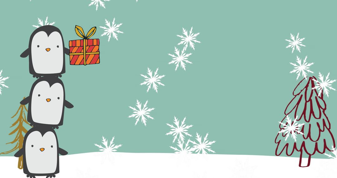 Playful Penguins Stacking in Snowy Winter Scene with Gift