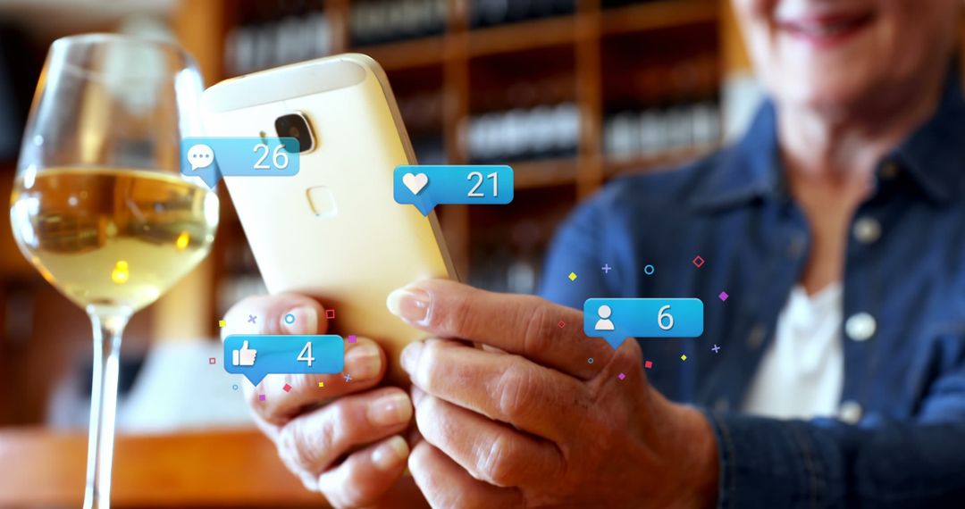 Senior Woman Engaging on Smartphone with Social Media Icons