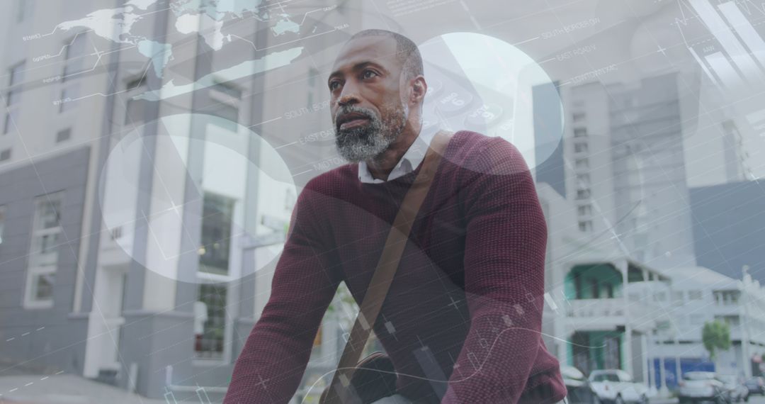 Image of infographic interface over senior african american man riding bicycle on street in city - Free Images, Stock Photos and Pictures on Pikwizard.com