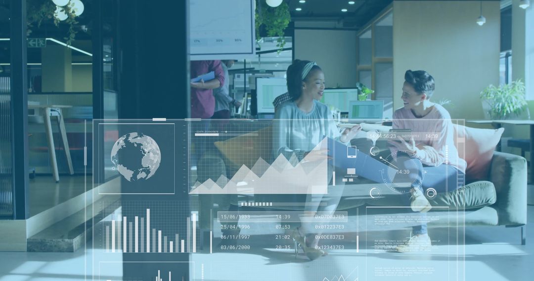 Colleagues Collaborating in Modern Office with Data Analytics Overlay