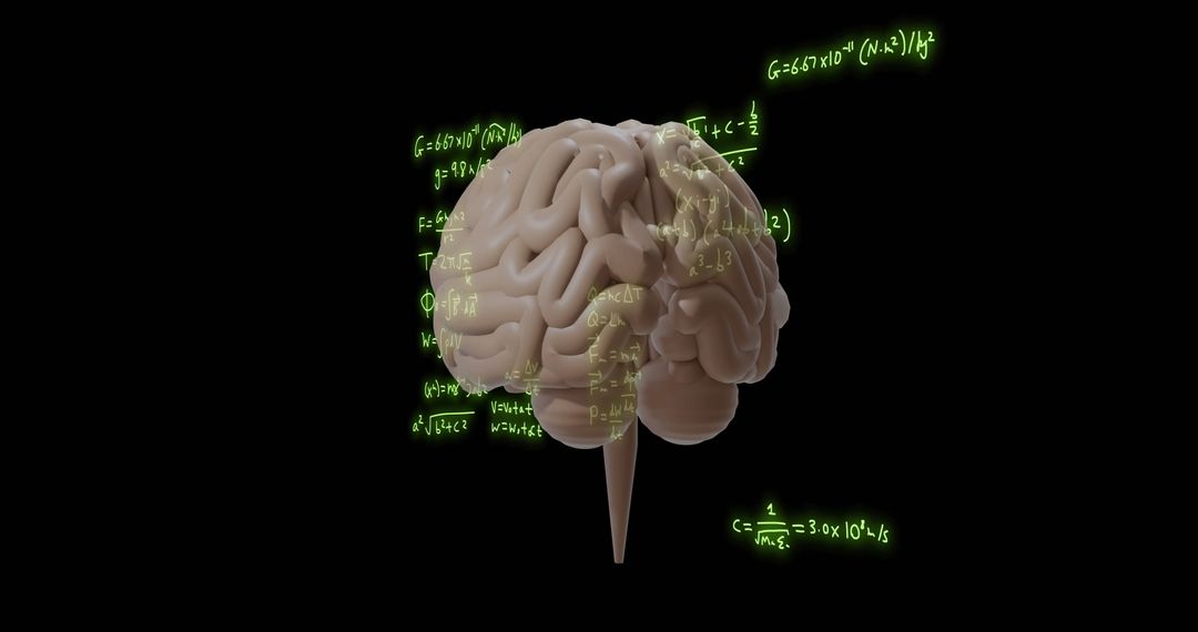 Rotating Brain with Mathematical Equations on Black Background