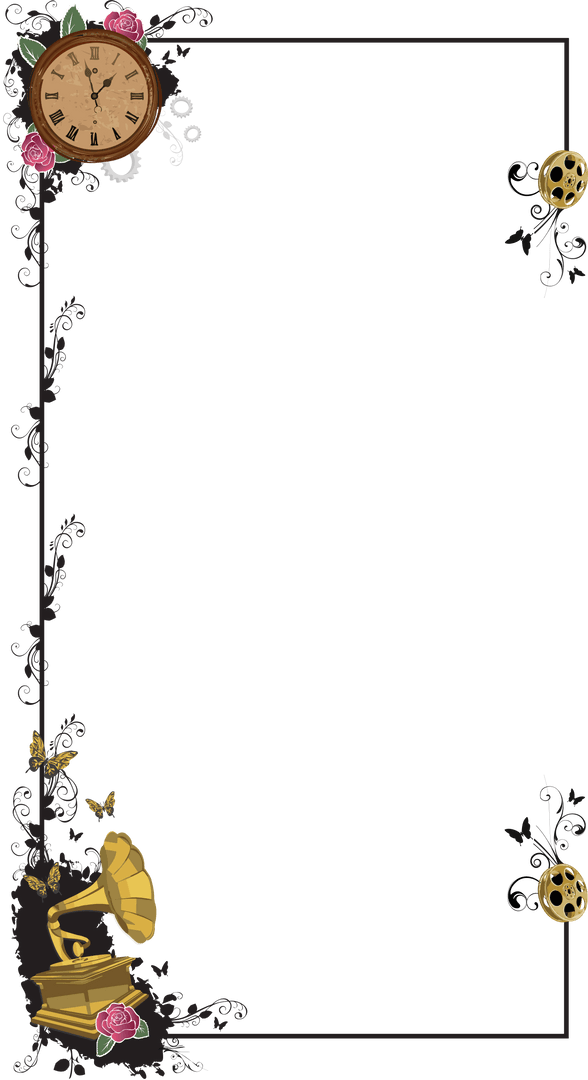 Vintage Filigree Border with Clock and Gramophone on Transparent Background