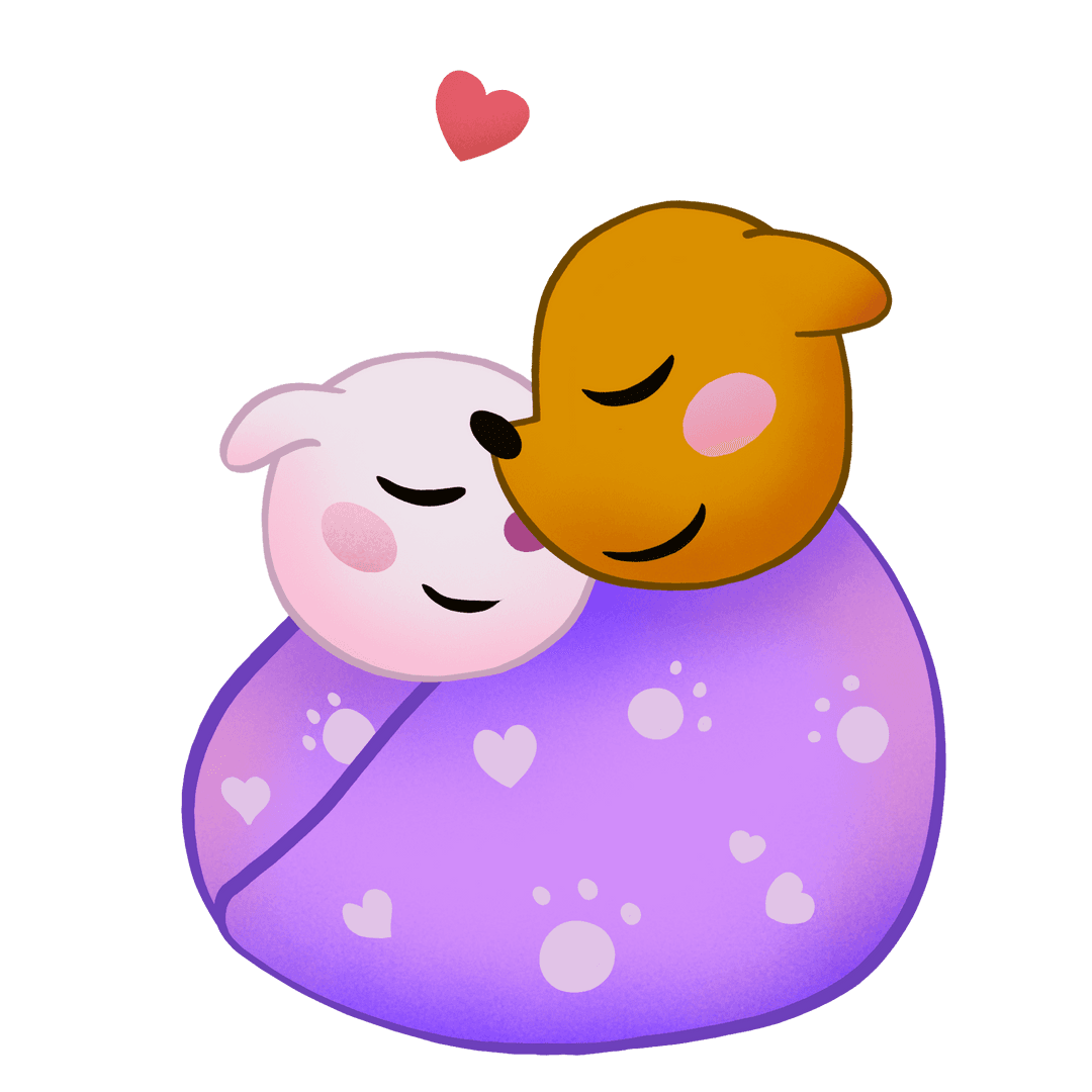 Whimsical Dog Heads Cuddling on Cushion with Heart-Paw Motifs