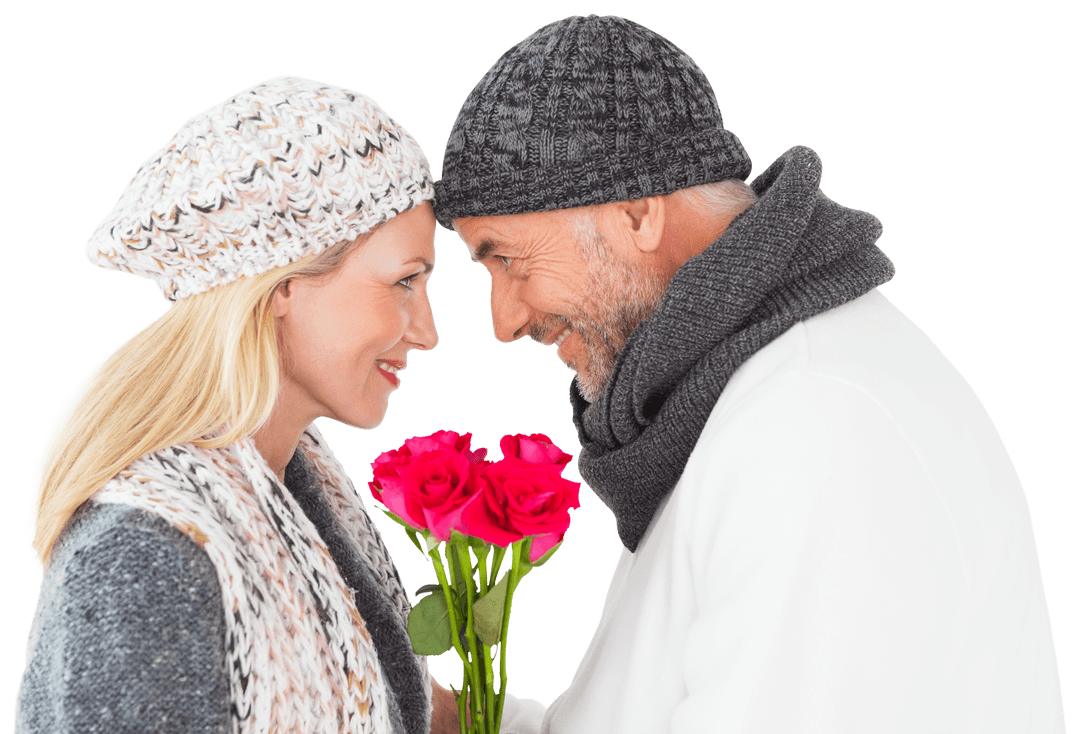 Transparent Couple Smiling Holding Roses in Winter Attire
