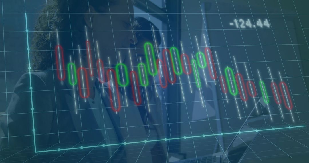 Businesswomen Analyzing 3D Candlestick Chart in Office