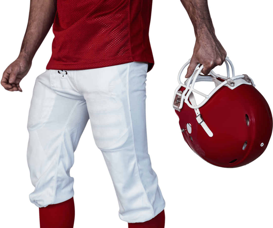 Transparent Helmet Holding Rugby Player in Red Uniform Close-Up