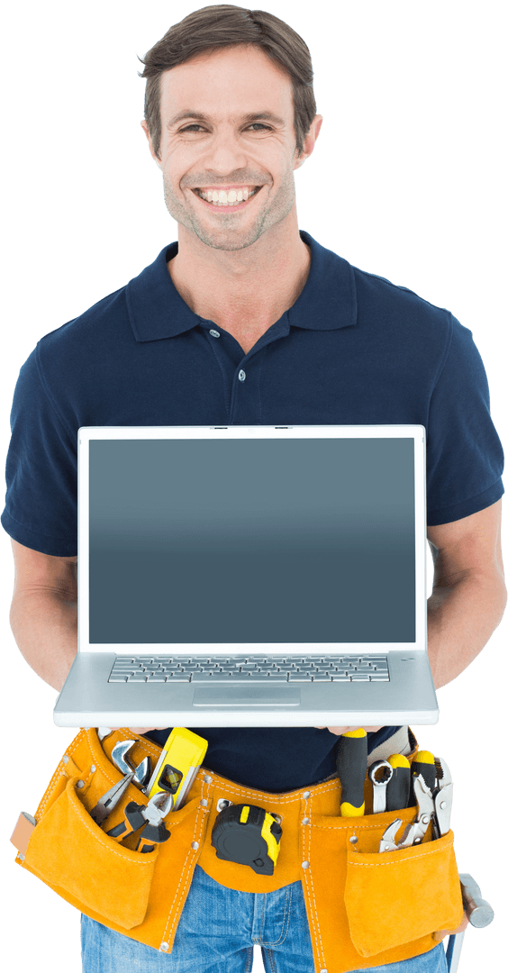 Transparent Portrait of Smiling Craftsman Holding Laptop