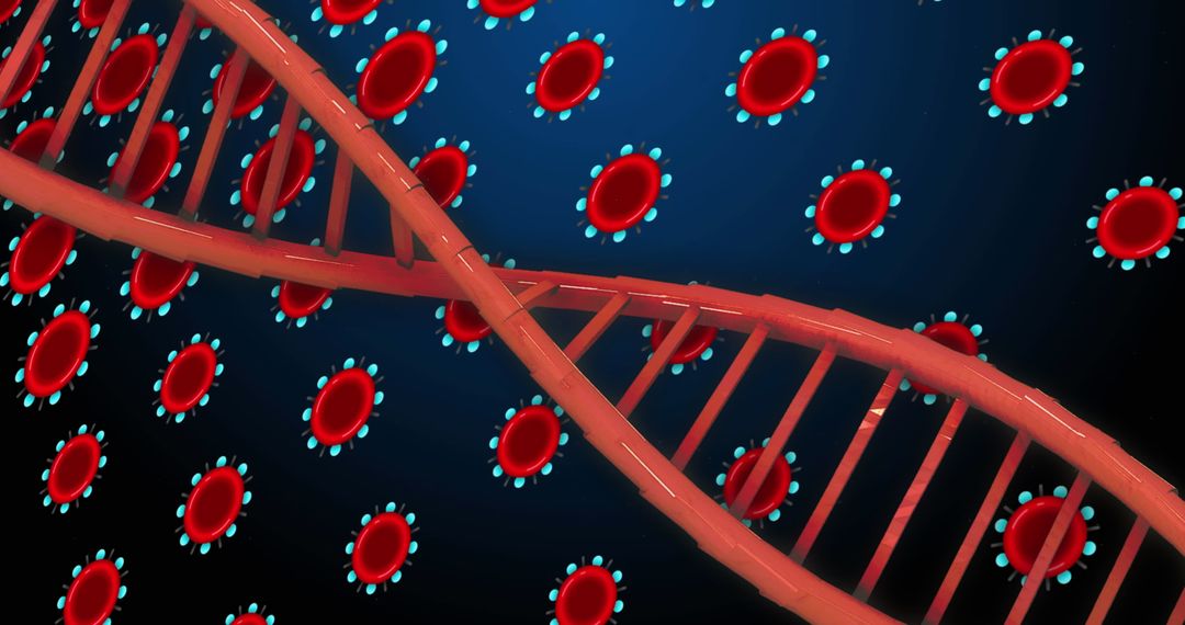 DNA Helix Overlapping with Red Cells on Blue Background