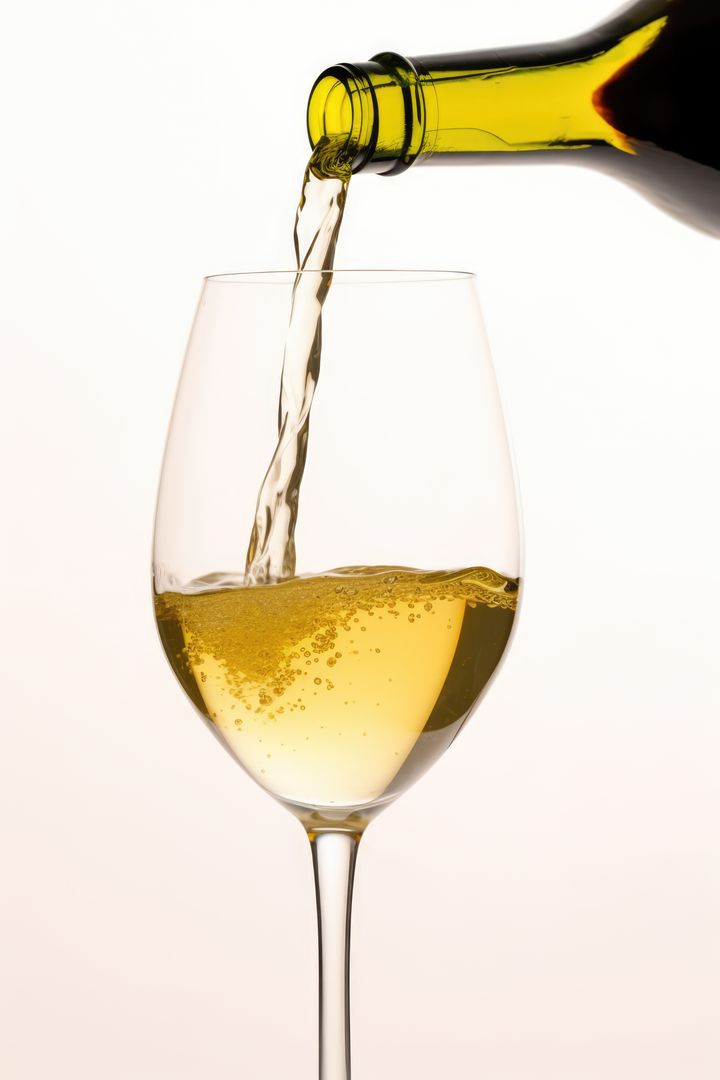 White wine pouring to glass from bottle on white background, created using generative ai technology - Free Images, Stock Photos and Pictures on Pikwizard.com
