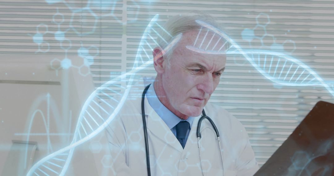 Doctor Analyzing X-Ray Scan with DNA Hologram Overlay in Modern Laboratory