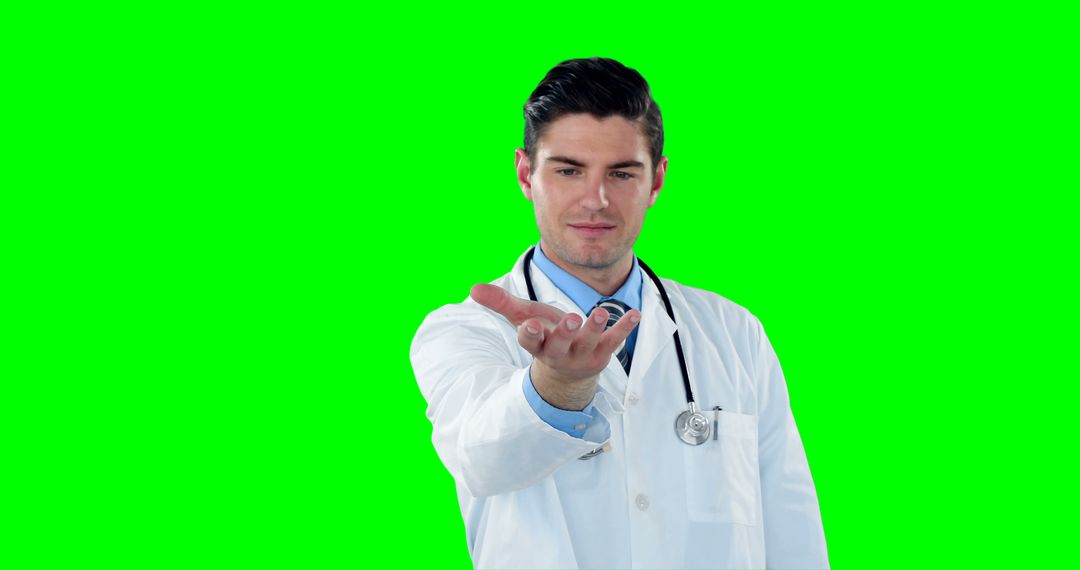 Male Doctor Reaching Out with Open Hand on Green Screen Background - Free Images, Stock Photos and Pictures on Pikwizard.com