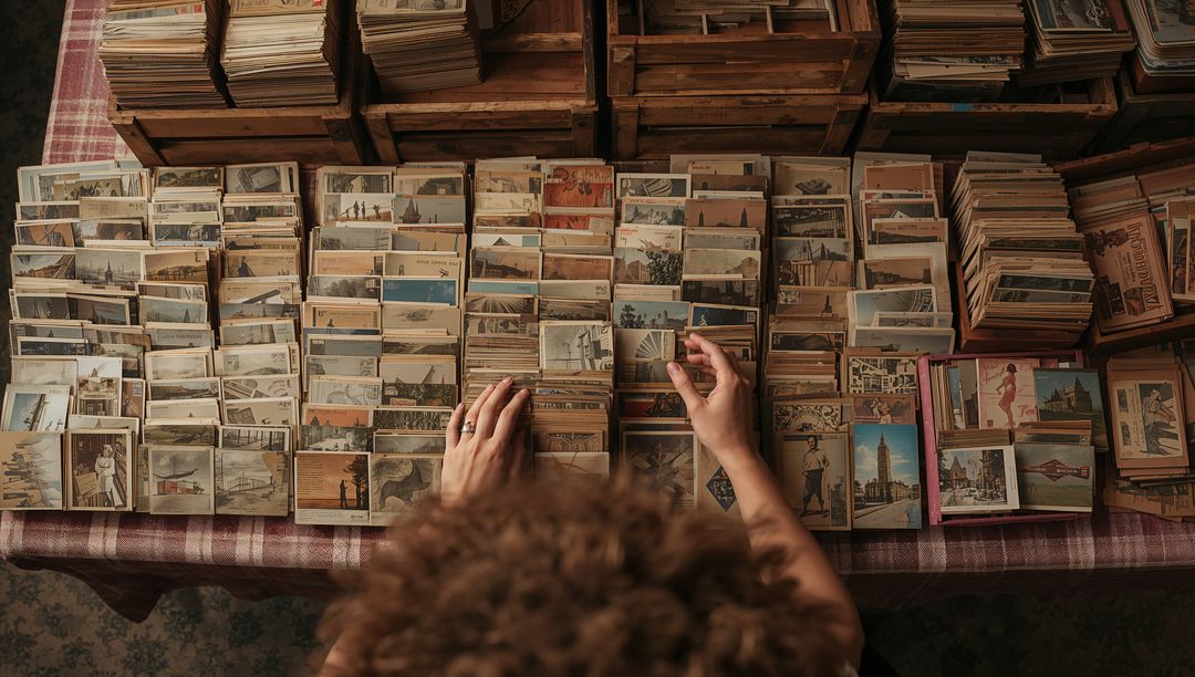 Woman browsing vintage postcards at flea market table, nostalgic ephemera and wooden crates