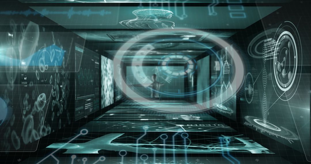 Person Navigating Holographic Corridor in Futuristic Interface