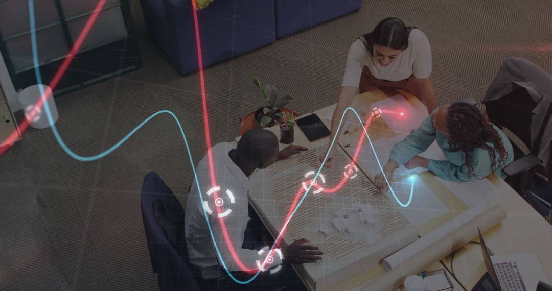 Business Team Analyzing Data with Virtual Graphs Overlay