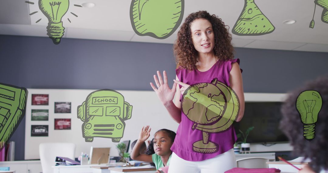 Joyful Teacher Leading Inclusive Classroom with Creative Digital Overlay