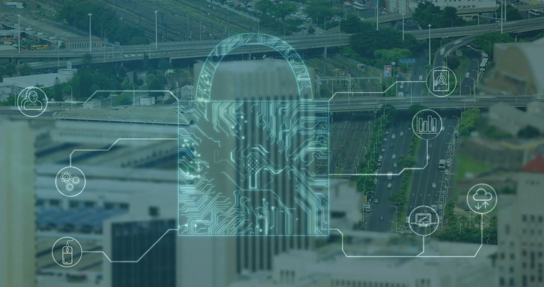 Digital Lock Concept Over City Scape Representing Cybersecurity