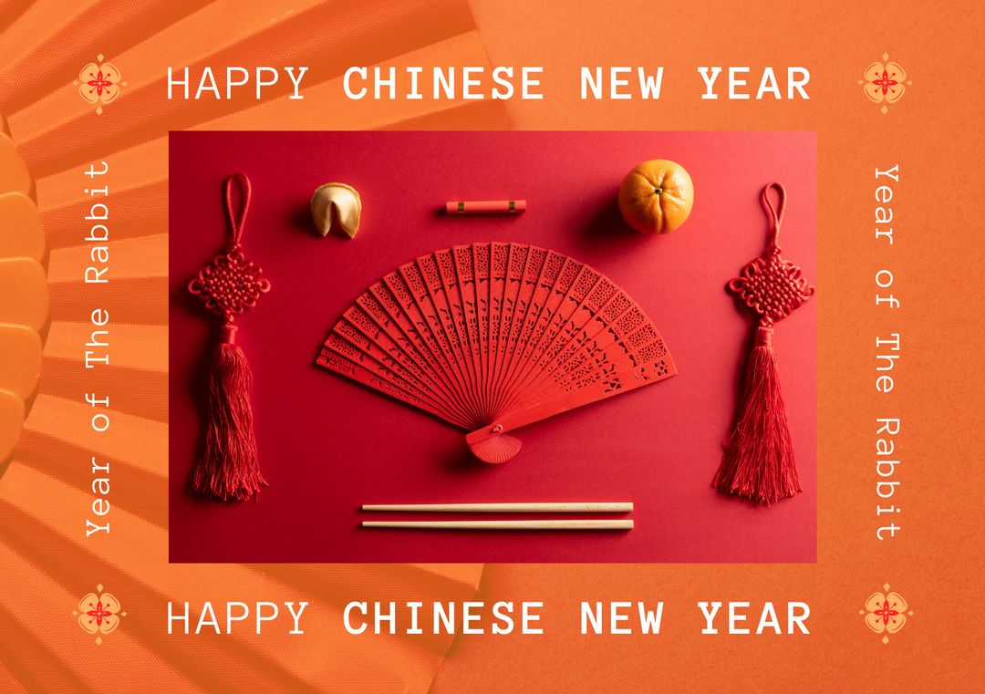 Composition of happy chinese new year text over decorations on red background - Download Free Stock Templates Pikwizard.com
