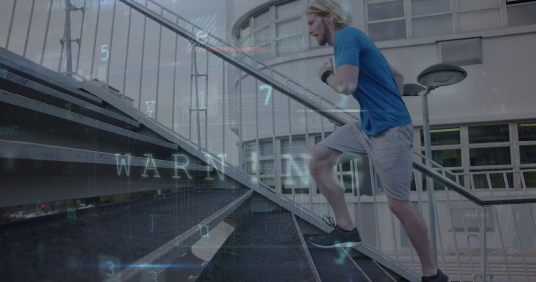 Man Climbing Stairs with Abstract Digital Interface Overlay