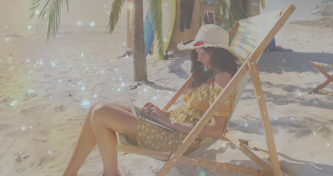 Freelancer Enjoying Remote Work on Sunny Beach in Summer Attire