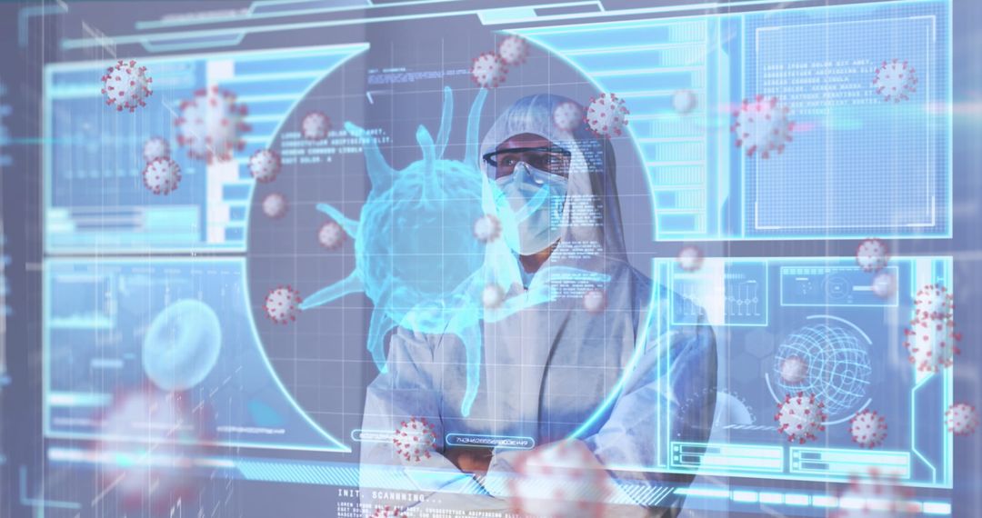 Medical Professional Analyzing Virus Data with Futuristic Interface