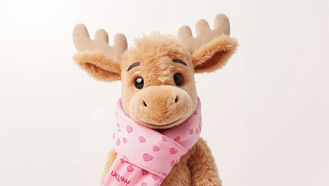 Cute Plush Moose Wearing Pink Heart Scarf Facing Camera Minimal Studio Background
