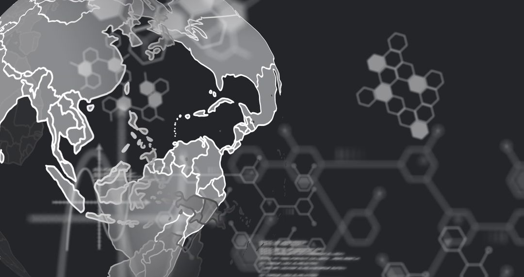 Digital Globe with Coding and Molecular Structures on Black Background