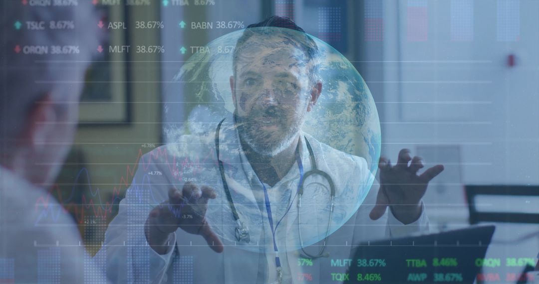 Doctor Consulting with Data and World Icons Overlay