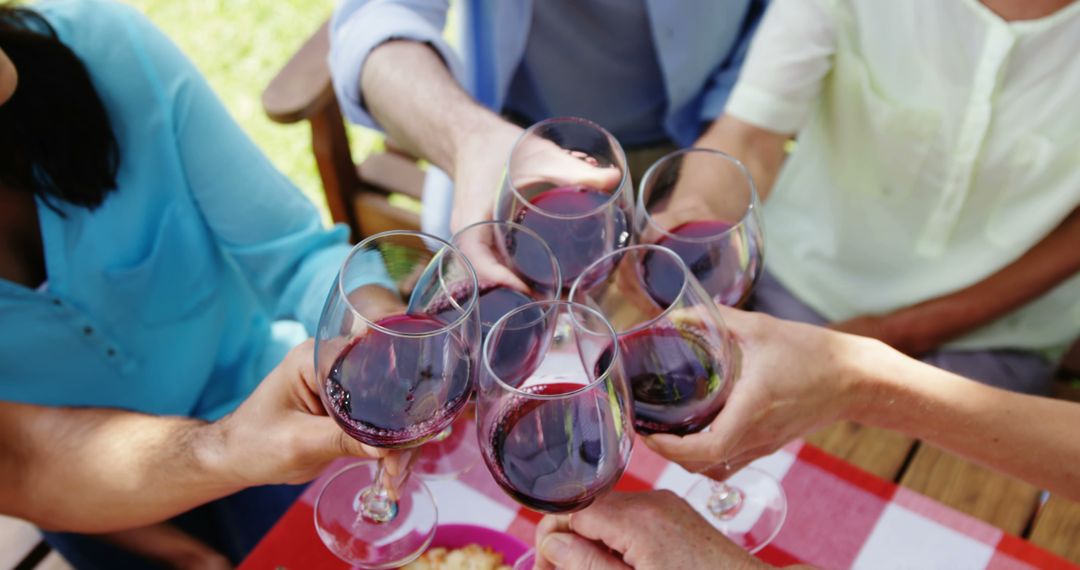 Friends Toasting with Glasses of Red Wine in Outdoor Gathering - Free Images, Stock Photos and Pictures on Pikwizard.com