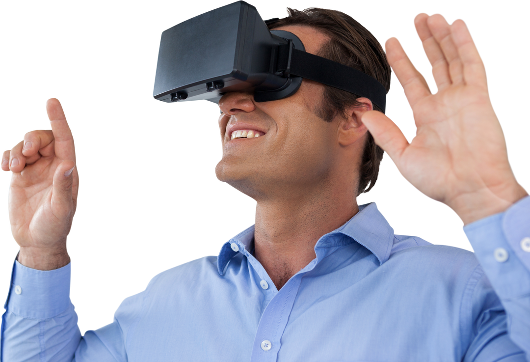 Businessman Engaging with Transparent VR Experience in Office Attire - Download Free Stock Images Pikwizard.com