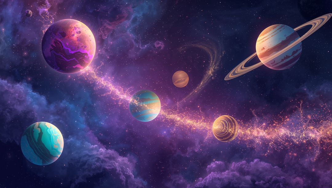 Mystical Planets Orbiting Celestial Energy Core in Cosmic Sky