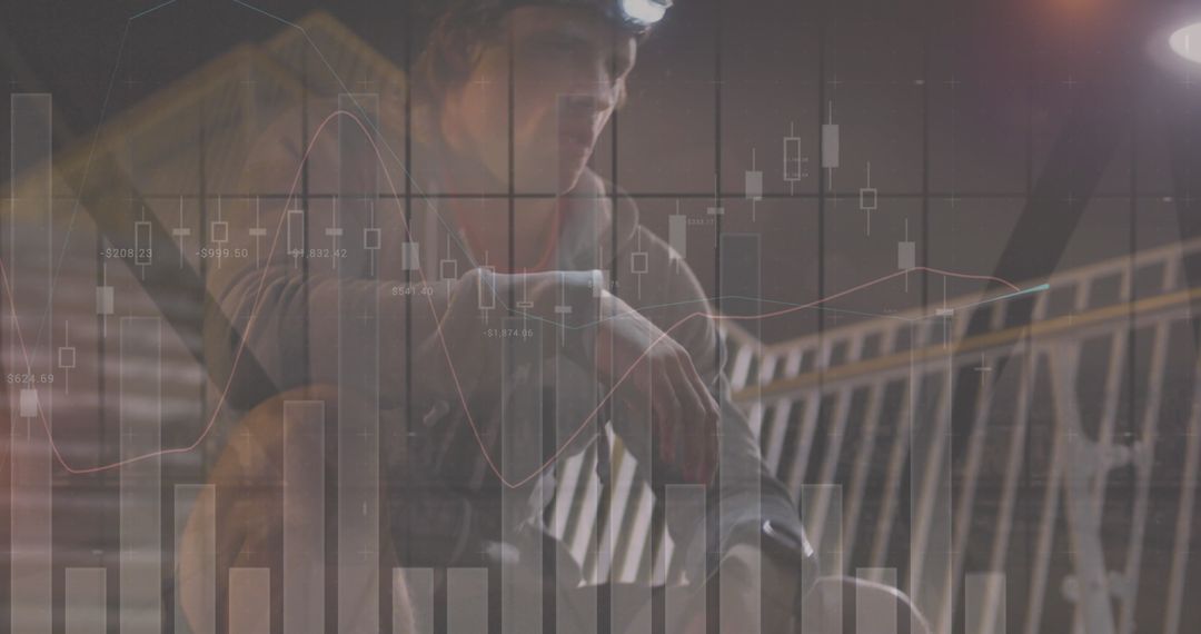 Digital Financial Graphs Overlaying Jogger Preparing for Run