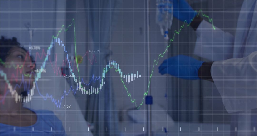 Medical Professional Adjusting IV with Data Chart Overlay