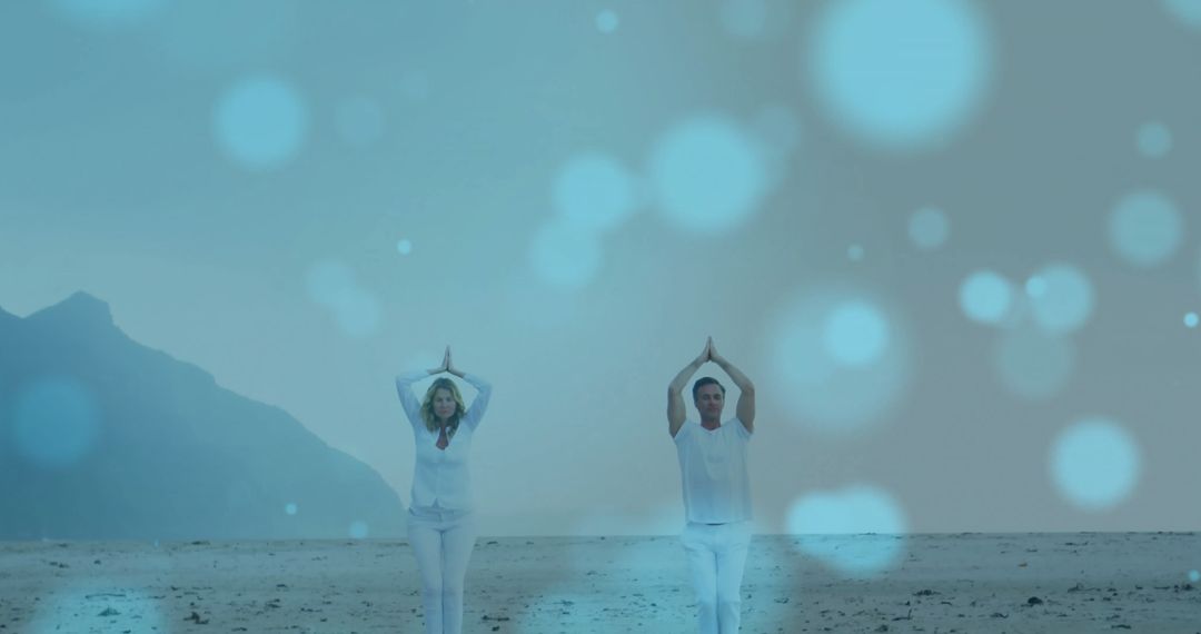 Caucasian Couple Practicing Yoga on Tranquil Beach with Light Effects