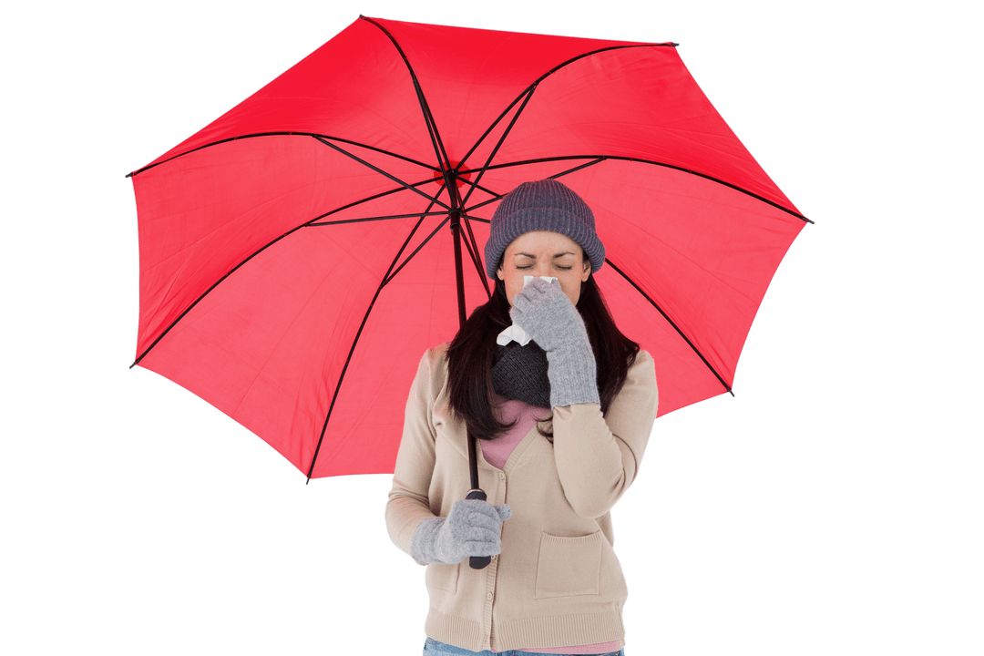 Transparent Sick Woman Blowing Nose Under Red Umbrella