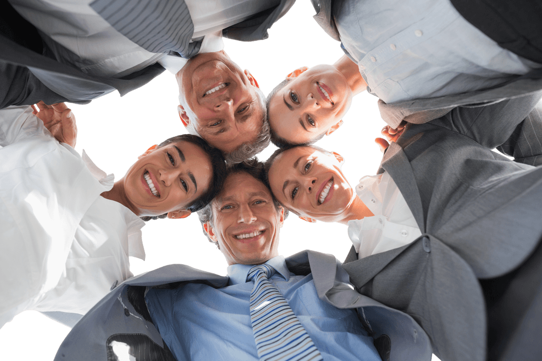 Diverse Business Professionals Smiling in Circle on Transparent Background