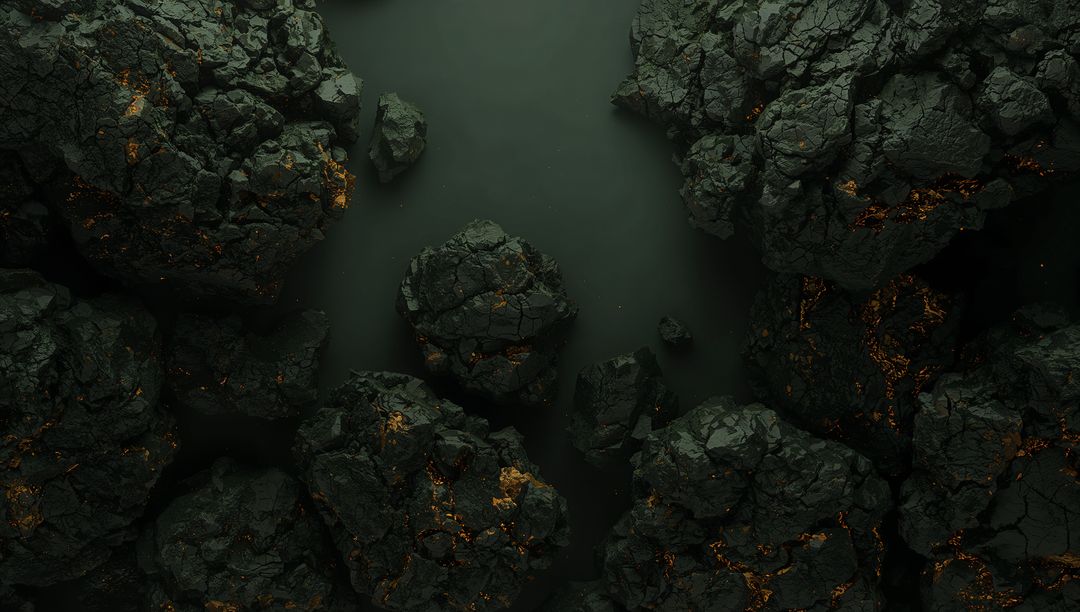 Glowing Volcanic Boulders Surrounding Smooth Dark Pool with Orange Lava Veins