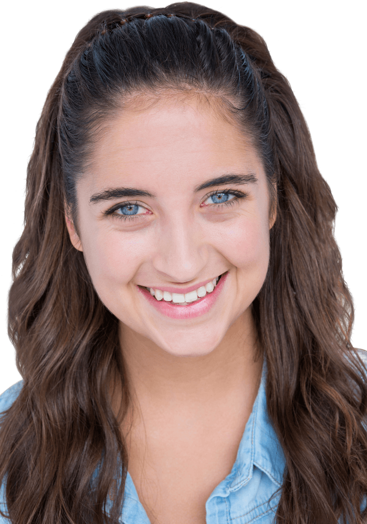 Smiling Woman in Denim with Wavy Hair on Transparent Background