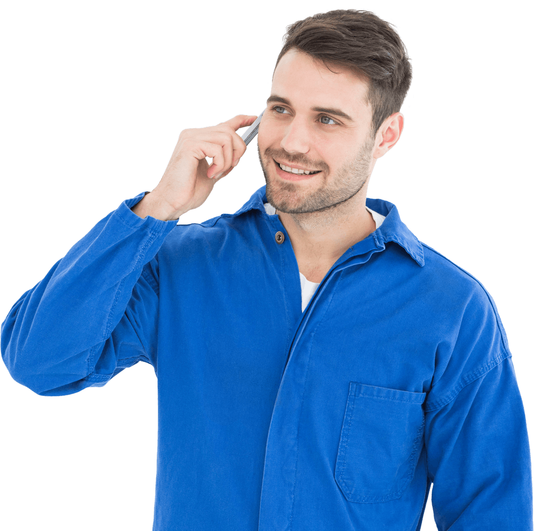 Smiling Young Male Mechanic Talking on Smartphone Transparent Background
