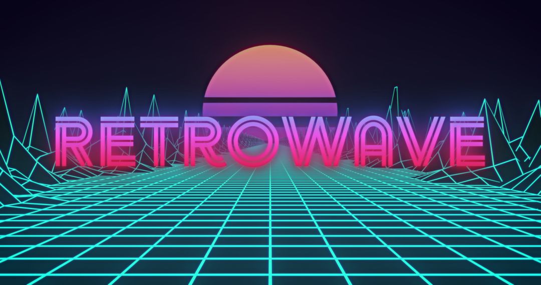 Retro Neon Grid with Glowing Pink Sun and Flickering Text