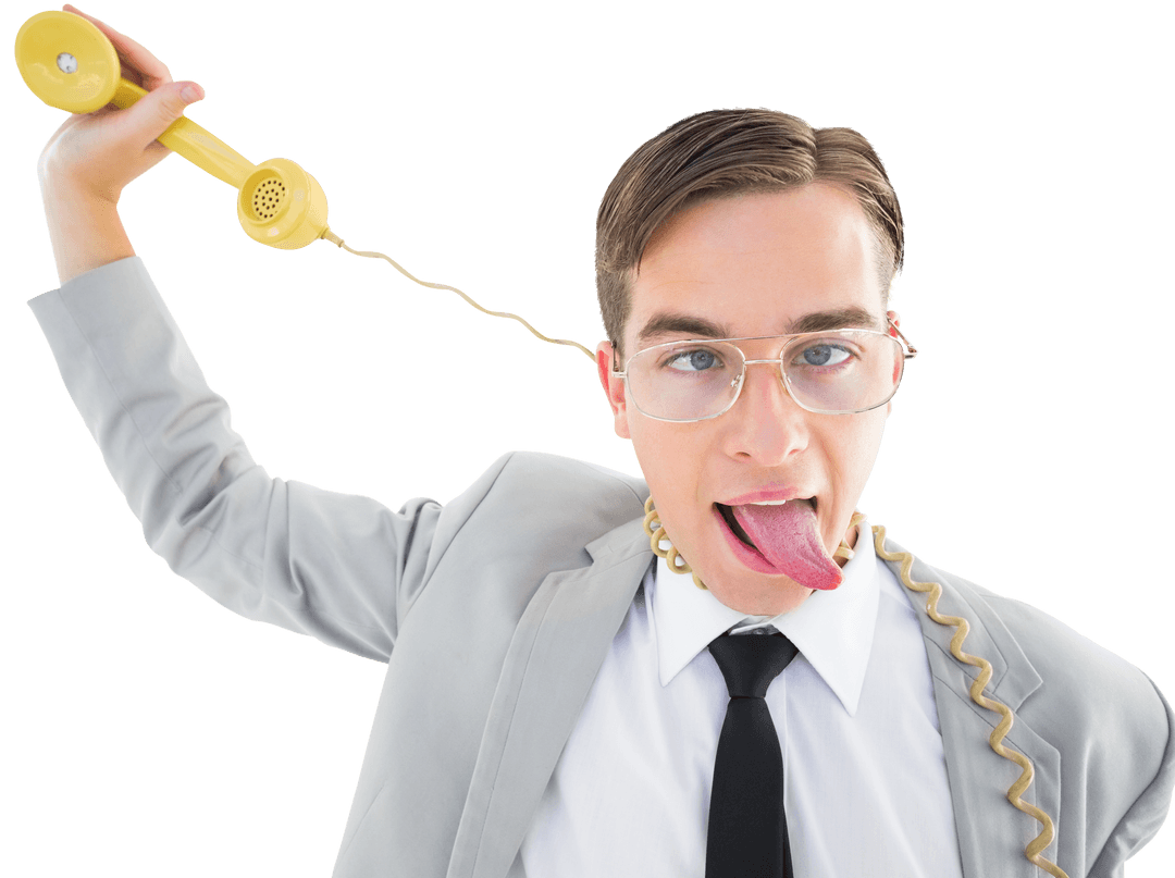 Geeky Businessman Tangled in Phone Cord Making Funny Face Transparent