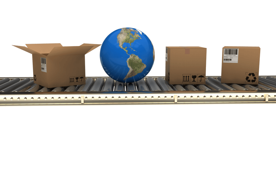 Transparent World Globe on Conveyor Belt with Cardboard Boxes