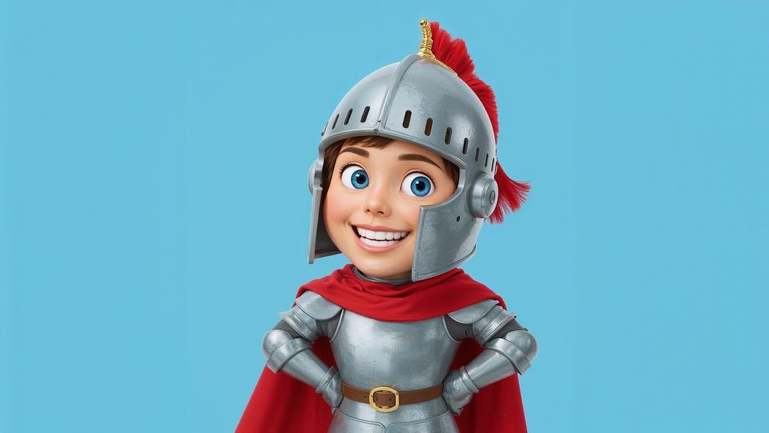 Cartoon medieval knight in shiny armor with red cape against blue backdrop