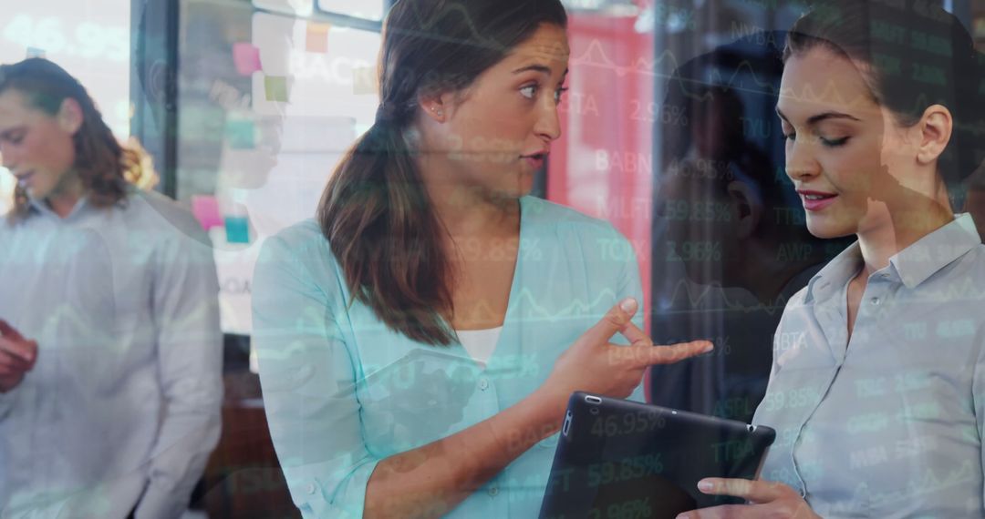 Business Professionals Discuss Work with Digital Interface Overlay