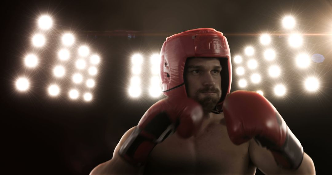 Male Boxer in Red Gear Ready for Fight in Arena with Bright Lights - Free Images, Stock Photos and Pictures on Pikwizard.com