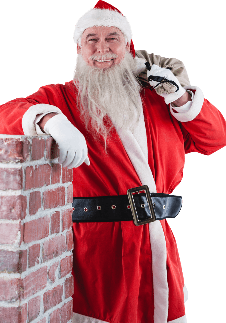 Transparent Santa Claus Carrying Gift Sack Smiling by Chimney