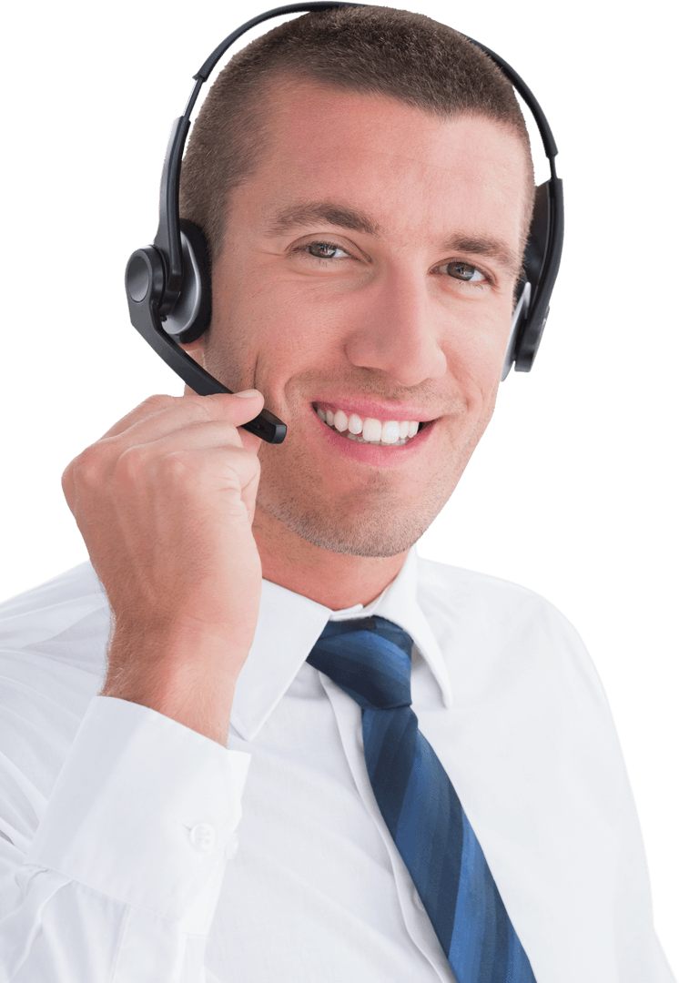 Caucasian Businessman Wearing Headphones on Transparent Background