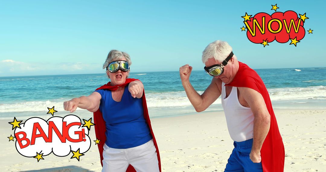 A mature couple in capes and glasses stands by the beach with a cartoon script overlay in 4k. - Free Images, Stock Photos and Pictures on Pikwizard.com
